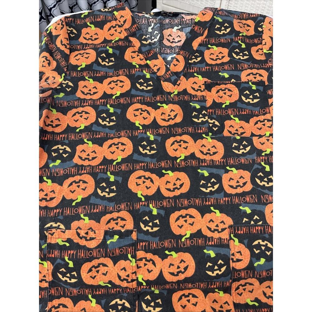 Just Love Scrub Top Happy Halloween Size XL Medical Black Orange Pumpkins